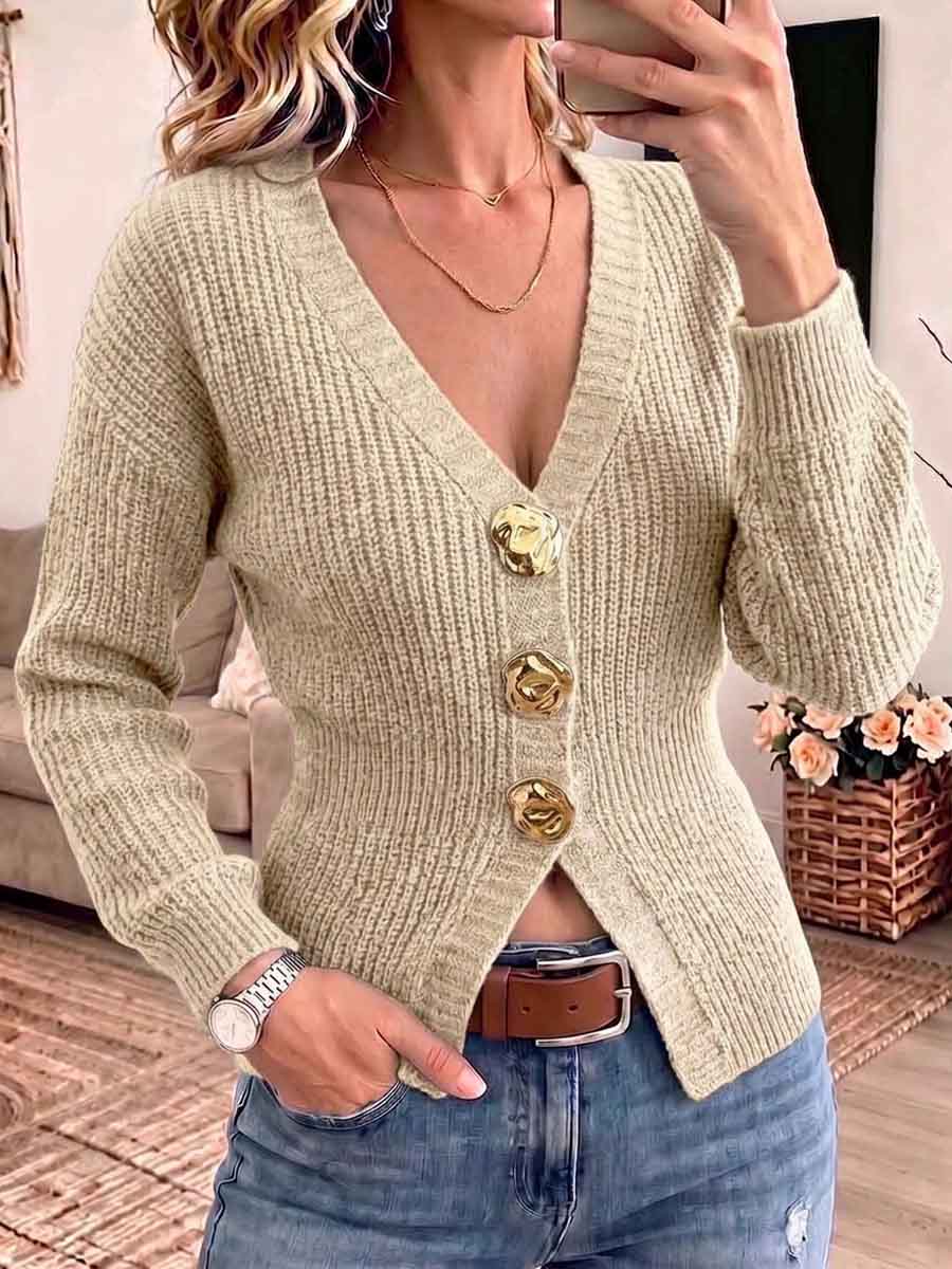 Women's Solid Color V-neck Long-sleeve Casual Loose Knit Cardigan