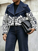 Casual Lace-print Cropped Denim Jacket