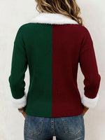 Women's Color Block Burgundy And Green Sweater With Diagonal Buttons