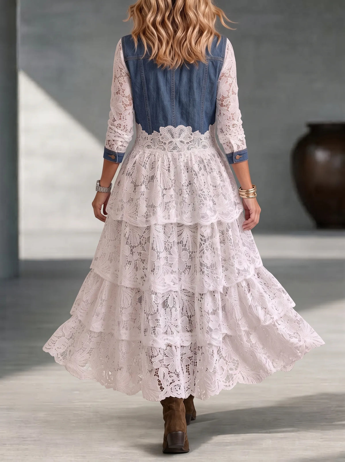Women's Vintage Denim And Tiered Lace Maxi Dress - Button-down Western Boho Shirt Dress