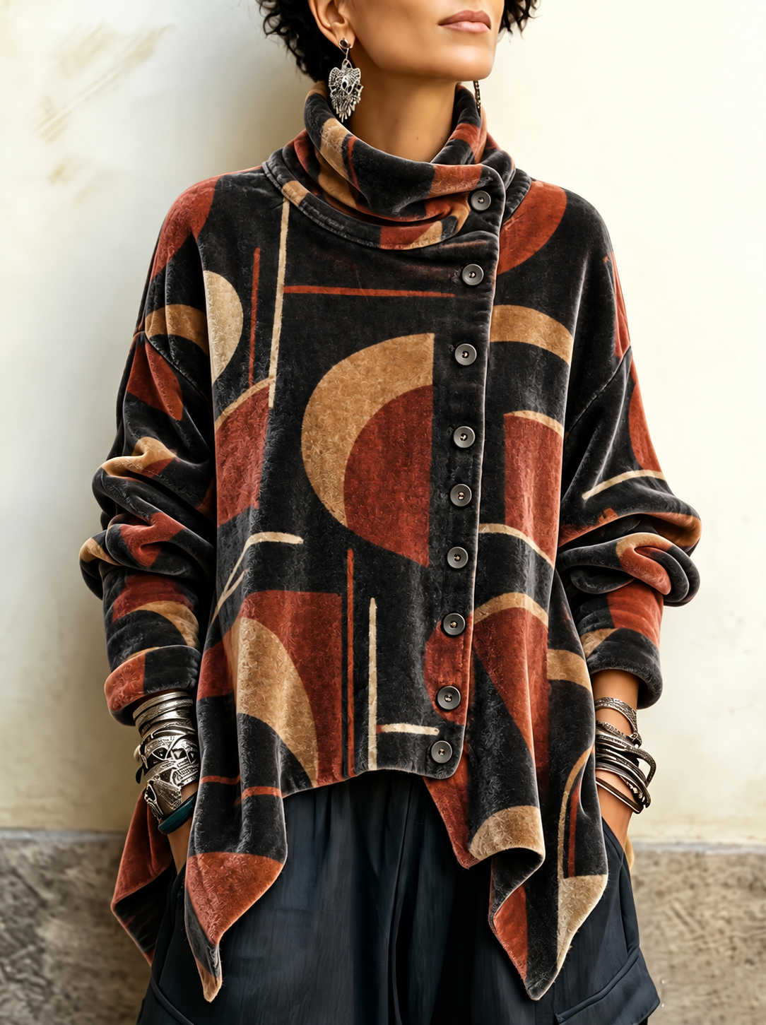 Artisan Abstract Arc Crushed Velvet Asymmetric Button Tunic with Funnel Neck