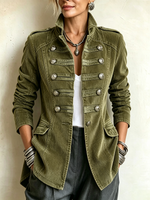 Chic Military-style Olive Green Corduroy Jacket