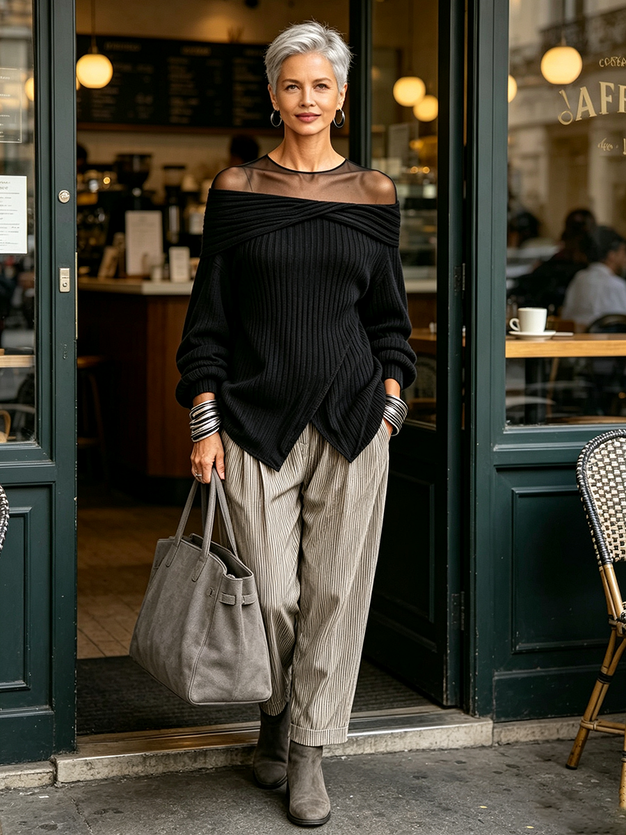 Elegant Sheer Mesh Neckline Black Ribbed Off-shoulder Sweater
