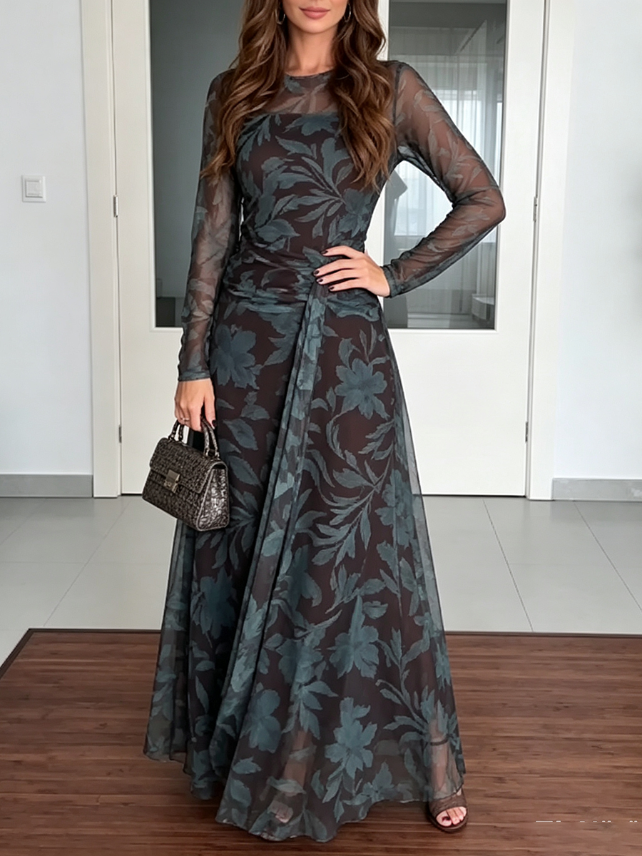 Elegant Floral Stretch Mesh Midi Dress