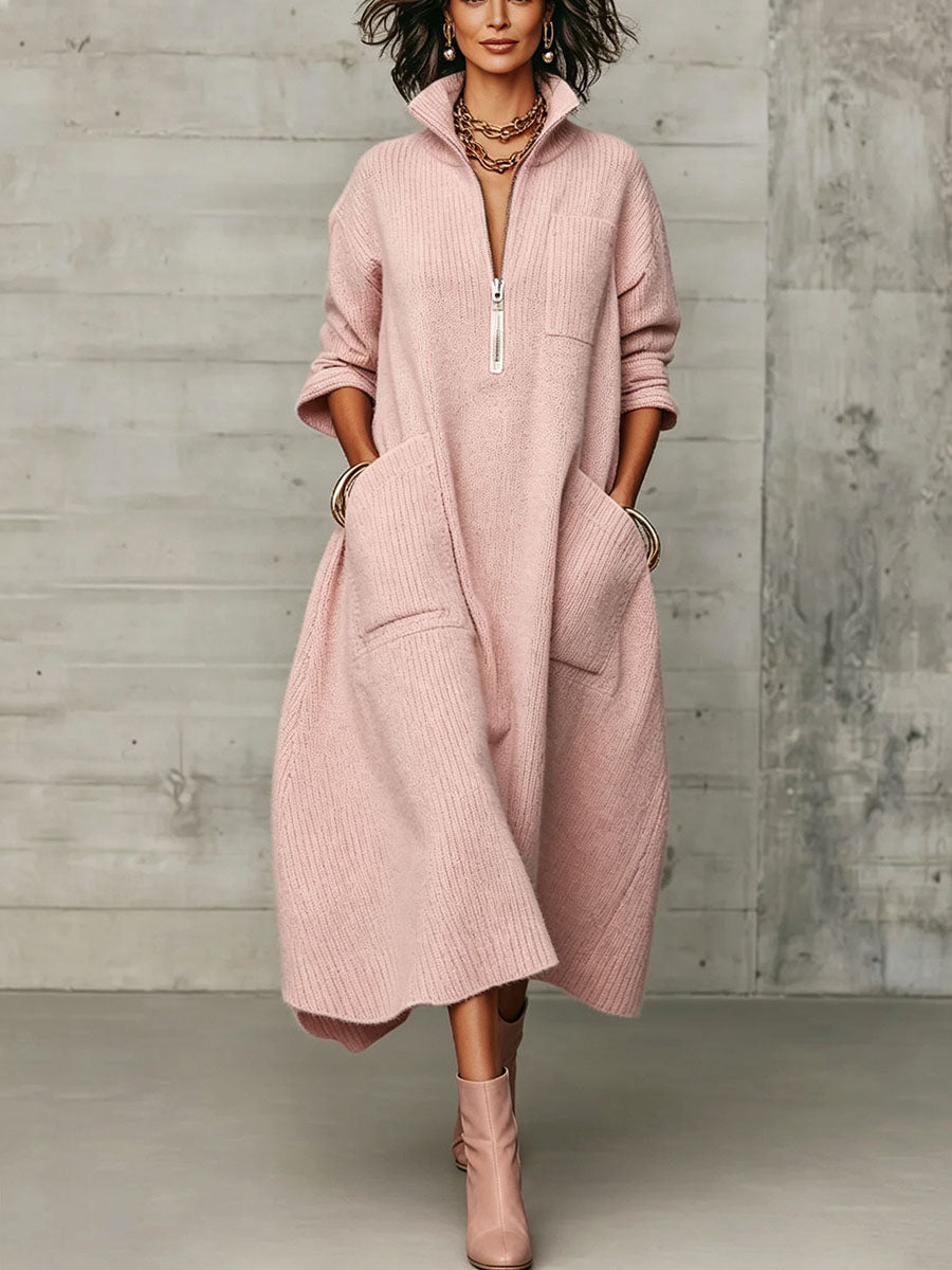 Elegant Quarter-zip High Collar Oversized Knit Midi Dress