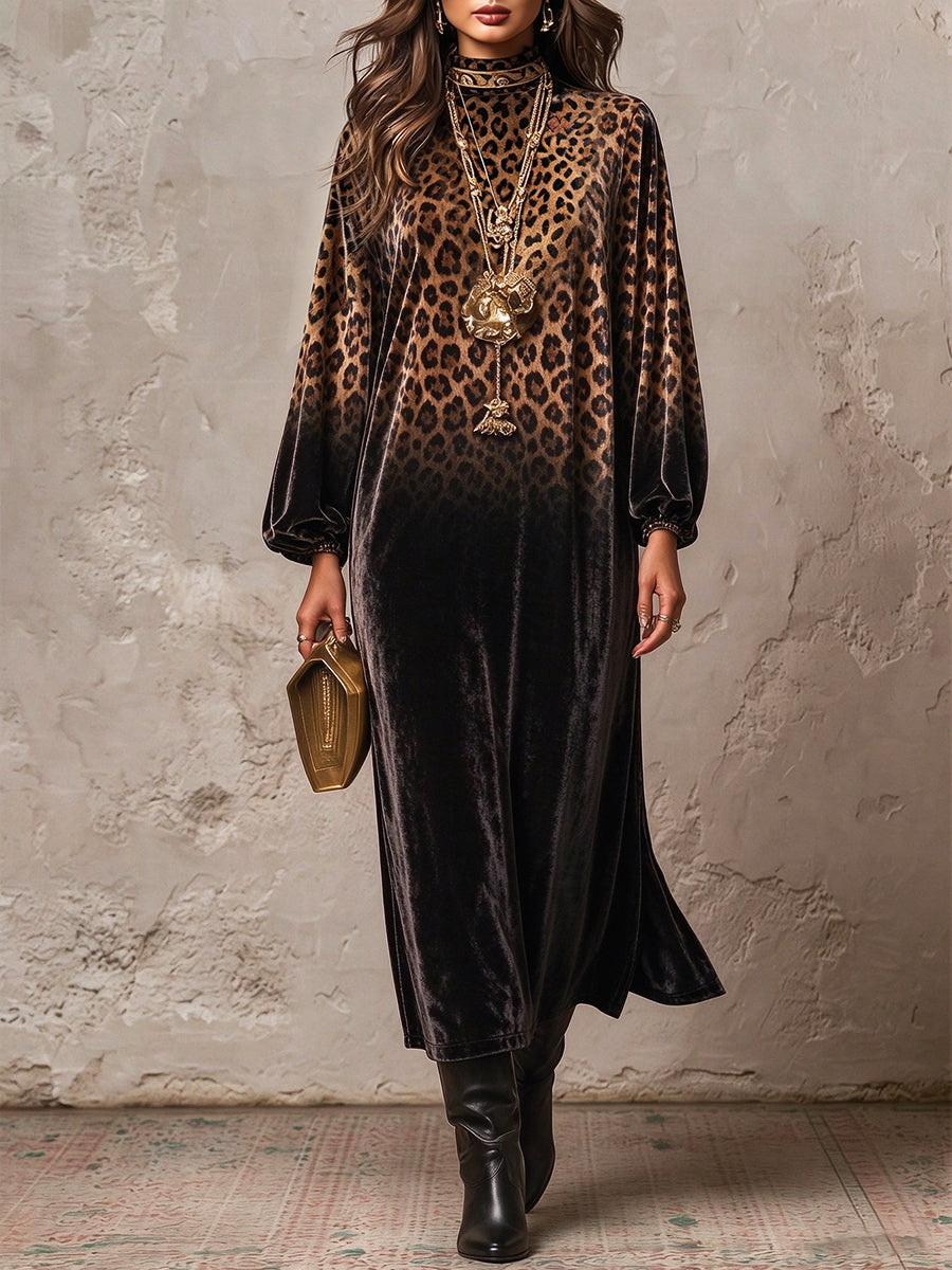 Gradient Leopard Print Velvet Maxi Dress