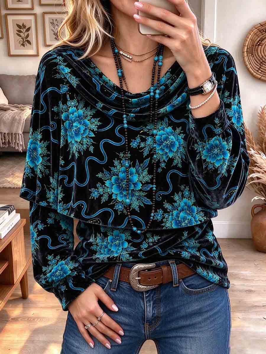 Women's Floral Velvet Draped Cowl Neck Overlay Blouse