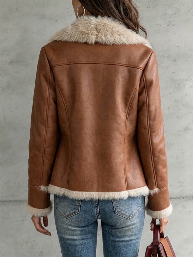Casual Brown Faux Leather And Shearling Jacket