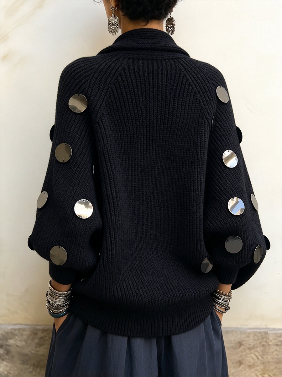 Embellished Metallic-Disk Wrap Cardigan