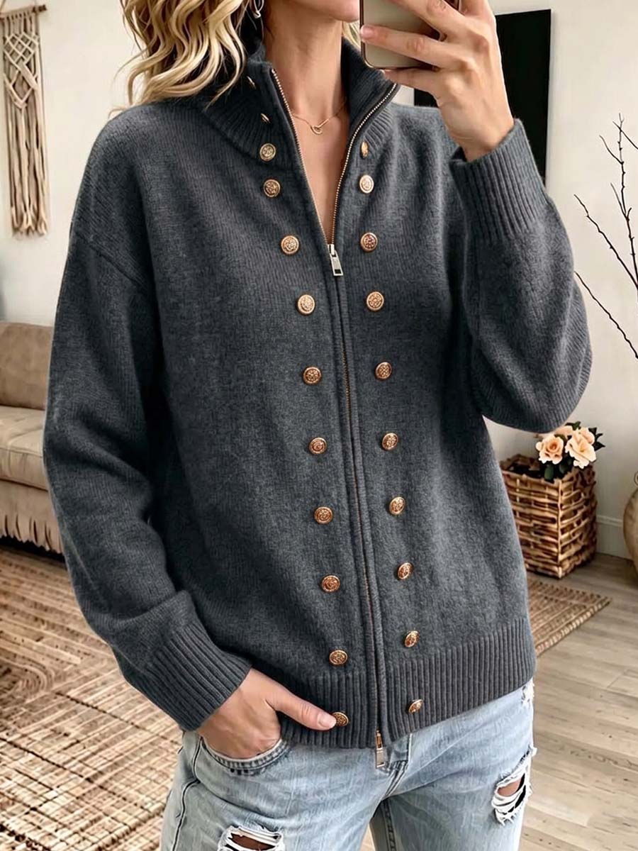 Women's Solid Color Stand-collar Long-sleeve Loose-fit Button-front Knit Cardigan