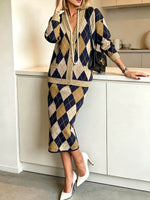 Women's Color-block Argyle Print V-neck Long-sleeve Loose-fit Knit Cardigan