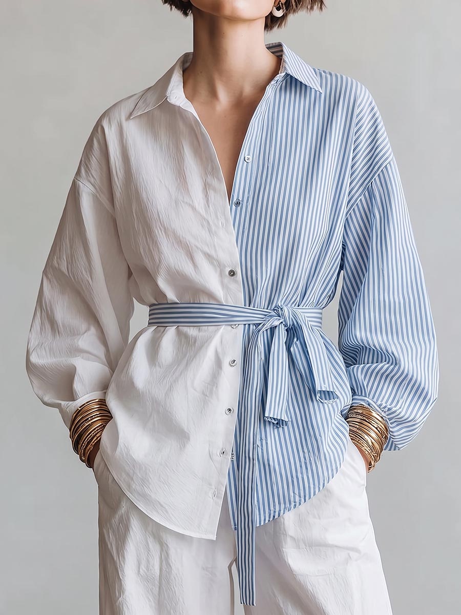 Women's Color-block Striped Print Shirt – Long-sleeve Relaxed Fit Lapel Collar, And Self-tie Waist