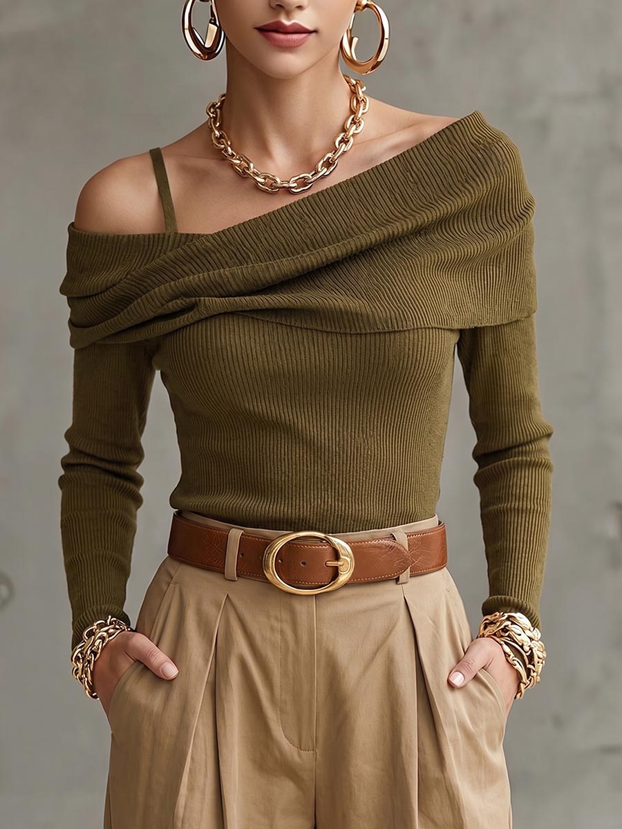 Women's Solid Color Asymmetric Pleated Off-shoulder Long-sleeve Loose Casual Knit Top