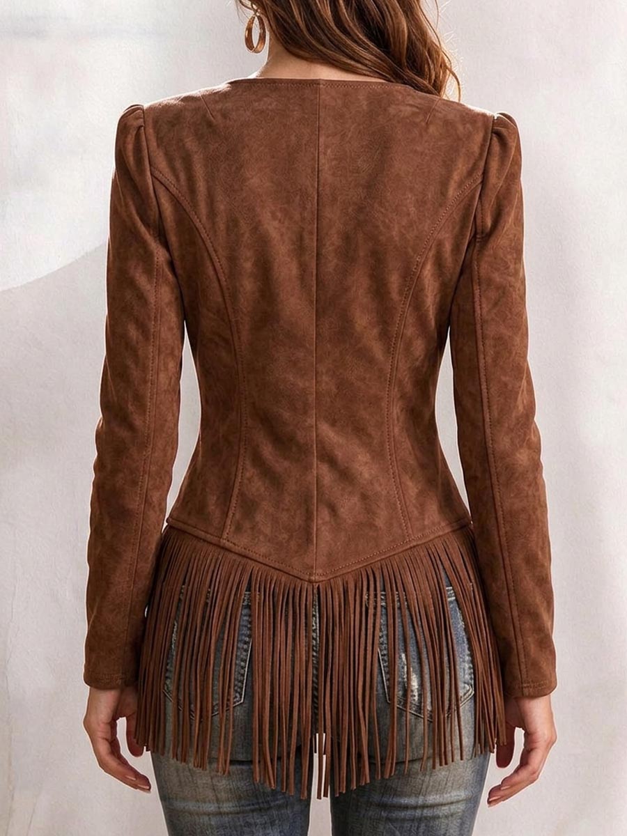 Faux Suede Square Neck Fringe Hem Button-Up Top
