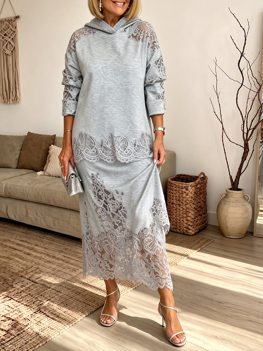 Cozy Lace-Accented Hooded Knit Two-Piece Set