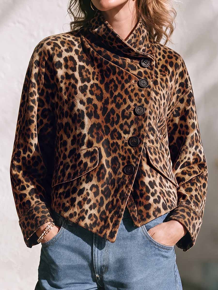 Women's Leopard Print Stand-collar Long-sleeve Loose Casual Jacket