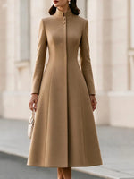 Women's Solid-color Stand-collar Long-sleeve Casual Loose A-line Dress/long Coat