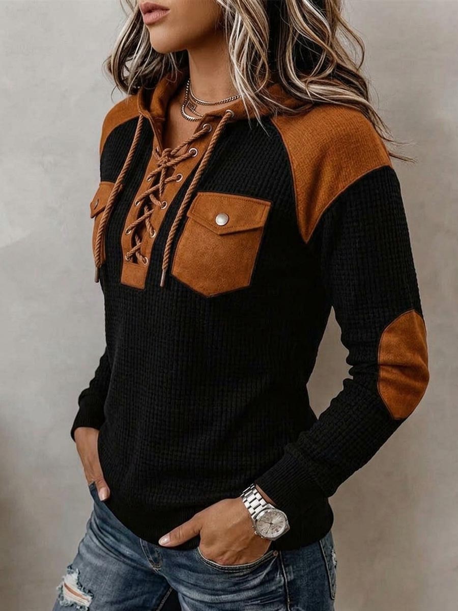 Women's Color-block Waffle-knit Hooded Top With Long Sleeves And Lapel Collar – Relaxed Fit
