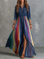 Color-block Vertical Rainbow-stripe Collared Shirt-style Maxi Dress