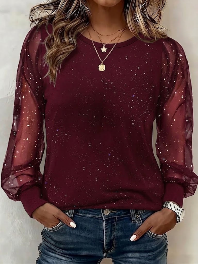 Round-neck Sheer Mesh Top Featuring Starry Glitter Detailing And Long Lantern Sleeves