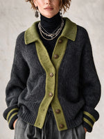 Chic Color-block Collared Knit Cardigan