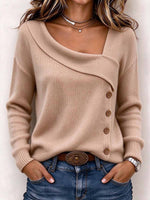 Women's Asymmetrical Fold-over Collar Knit Sweater With Button Details