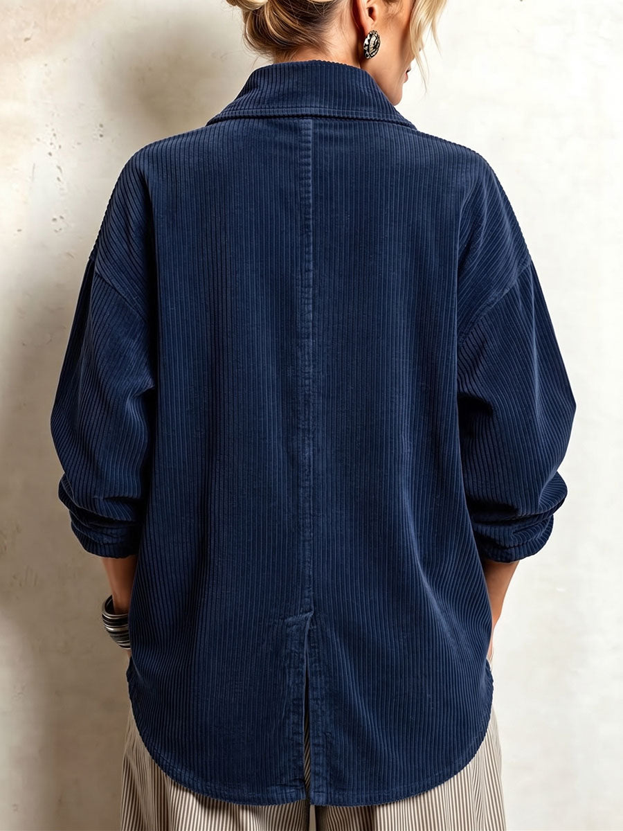 Cozy Peter Pan Collar Corduroy Asymmetric Button-down Top