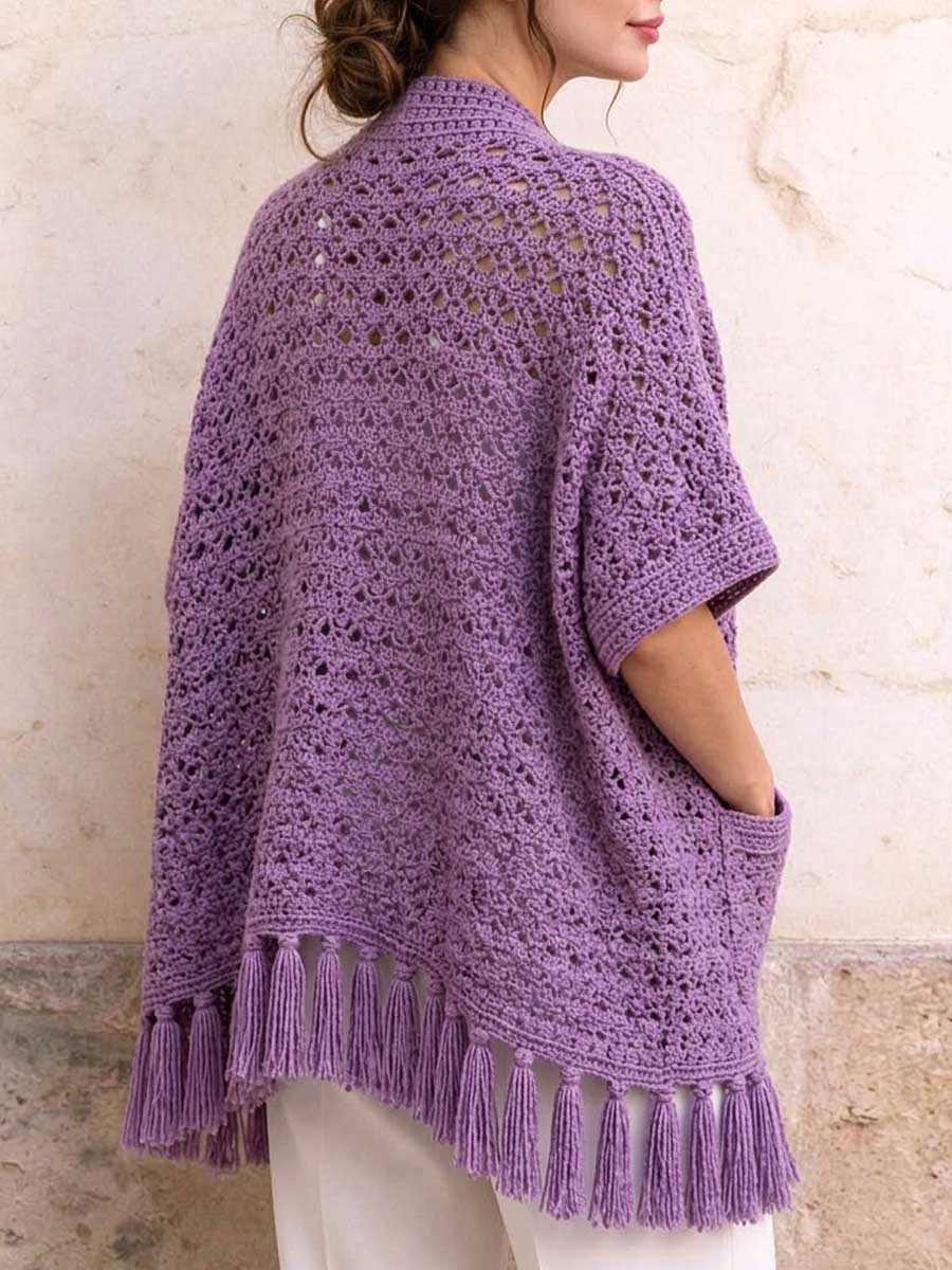Women's Purple Crochet Tassel Hem Kimono Cardigan