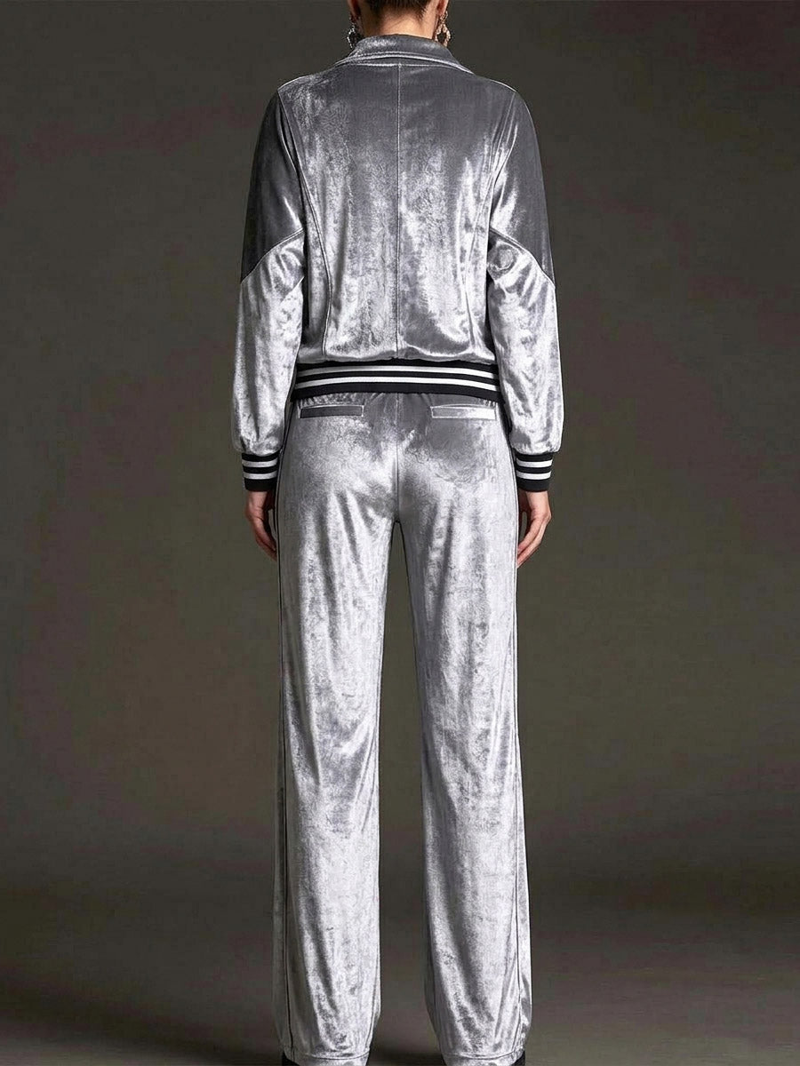 Women's Velvet Tracksuit Set With Leopard Print Paneling
