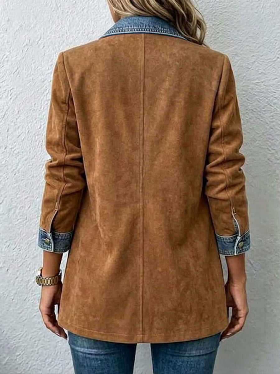Casual Denim Blazer With Faux Suede Paneling