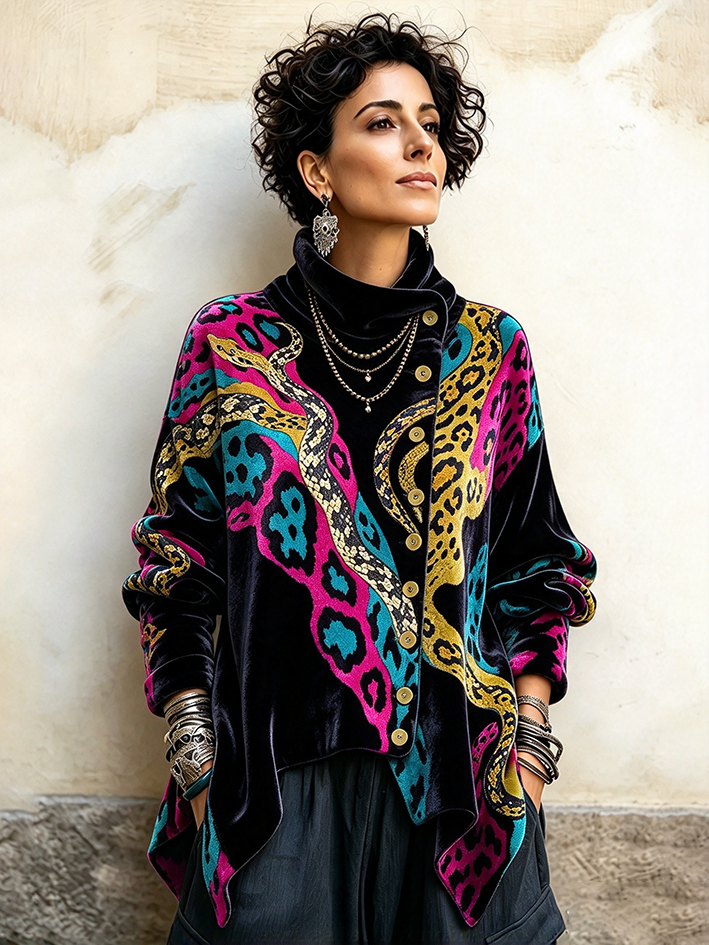 Chic Bohemian Colorful Animal Print Velvet Top