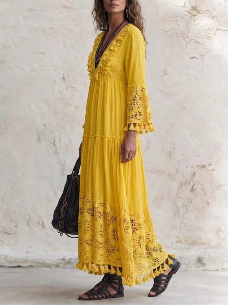 Bohemian Long Lace Dress With Cutouts And Tassels