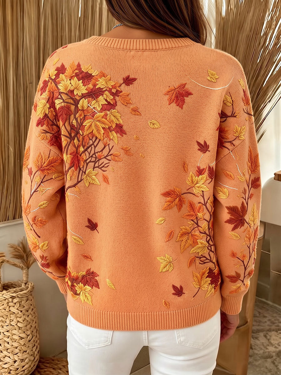 Cozy Autumn Cat Print Knit Sweater