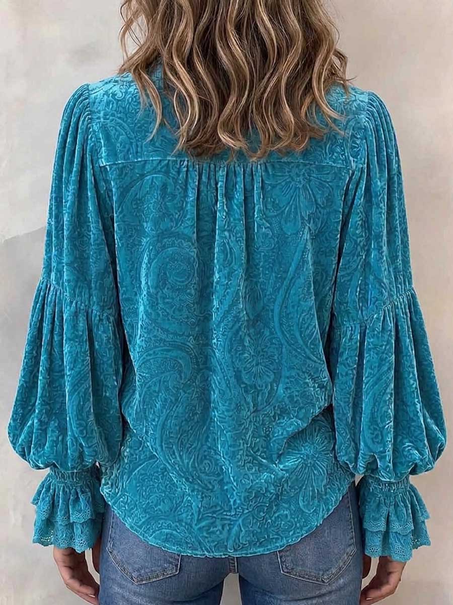 Women's Teal Embossed Velvet Blouse With Ruffle Trim And Bell Sleeves