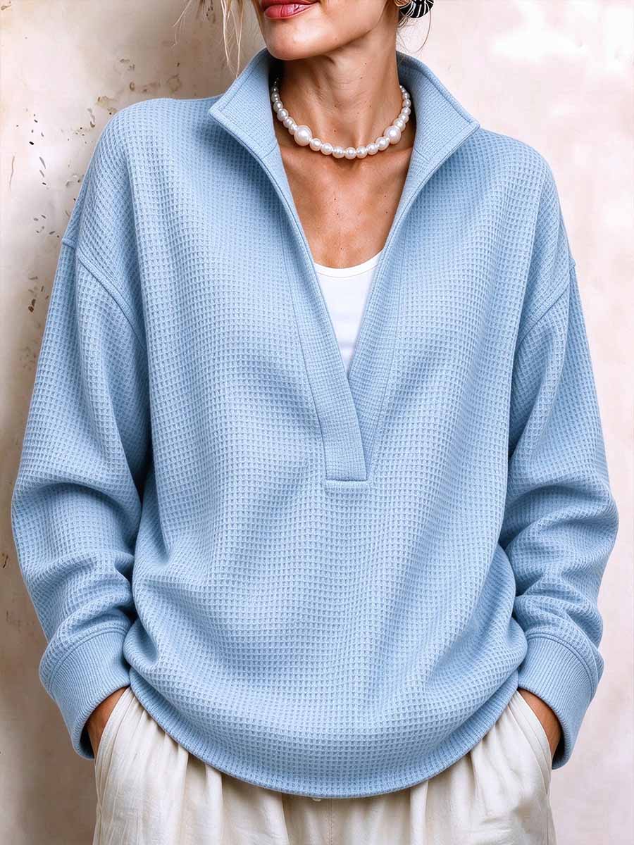 Women's Waffle Knit Split V-neck Pullover Sweater With Collar