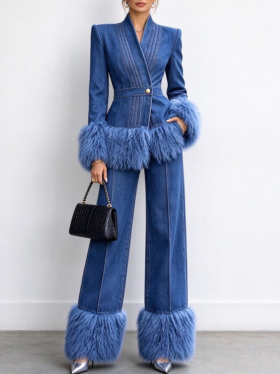 Women's Tailored Denim Jacket with Faux Fur Trim