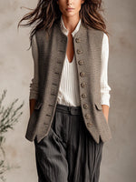 Vintage-style Houndstooth Tweed Stand-collar Vest