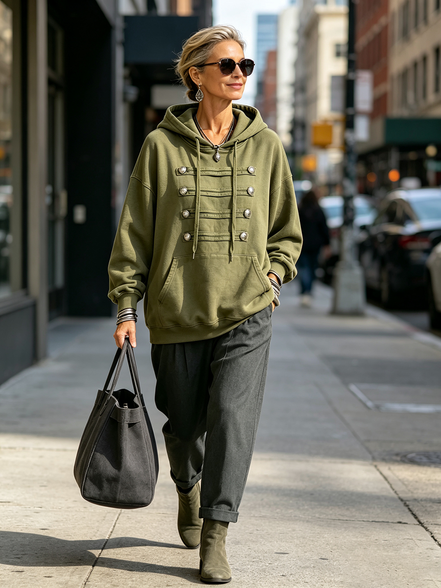 Military-chic Oversized Olive Green Hoodie