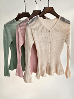 Elegant Rhinestone Mesh Panel Ribbed Knit Cardigan