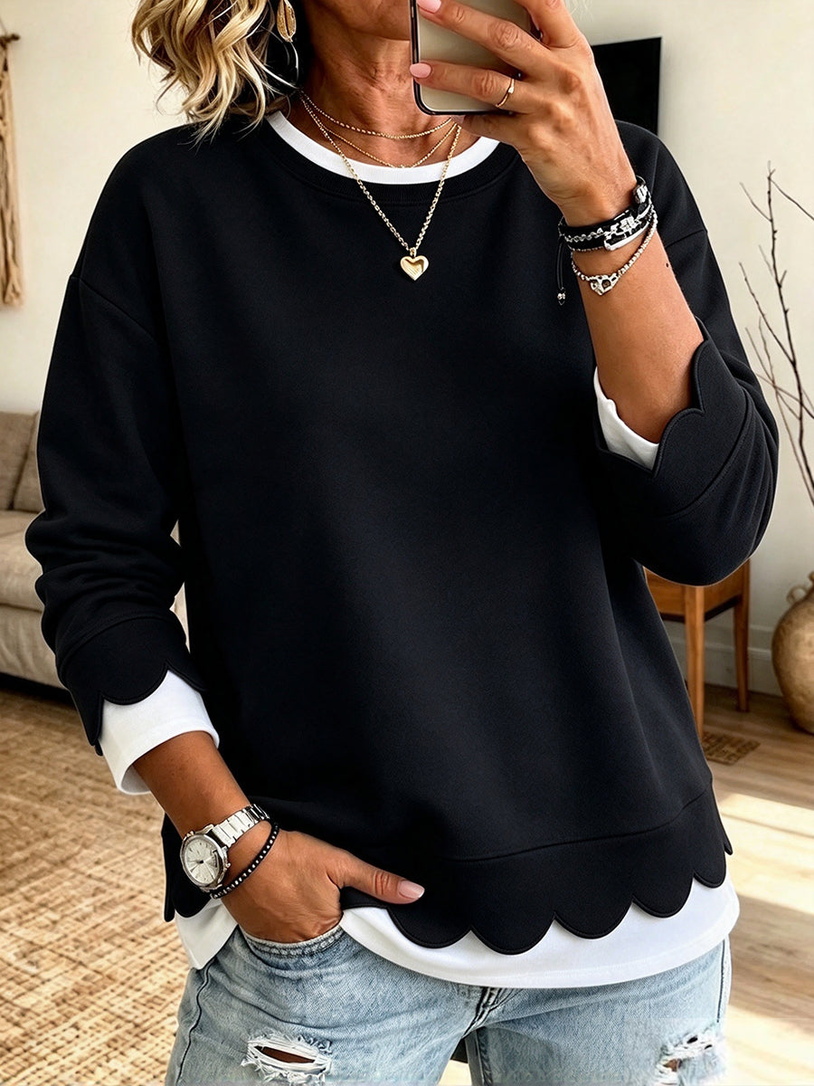 Loose, Casual "faux-layered" Sweatshirt With Scalloped Trim