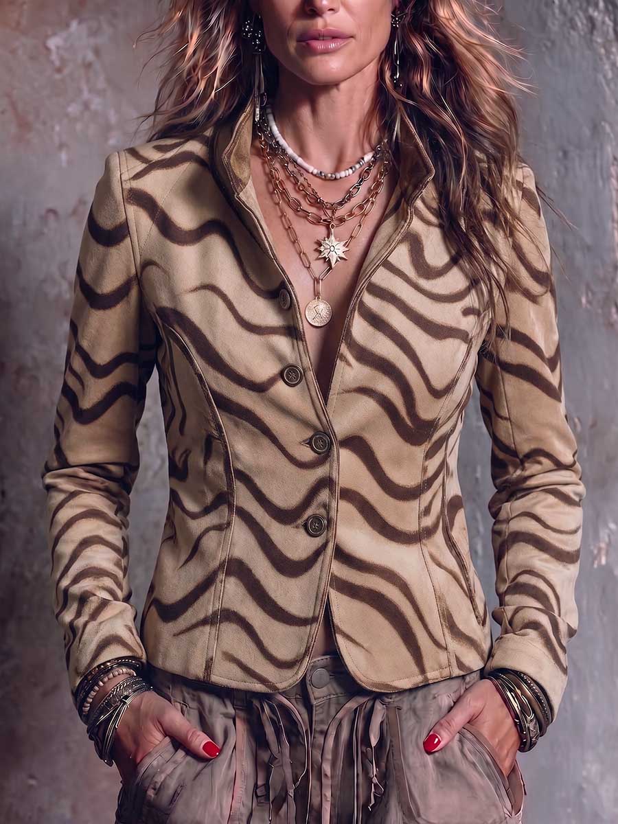 Women's Abstract Print Stand Collar Long Sleeve Casual Loose Faux Suede Jacket