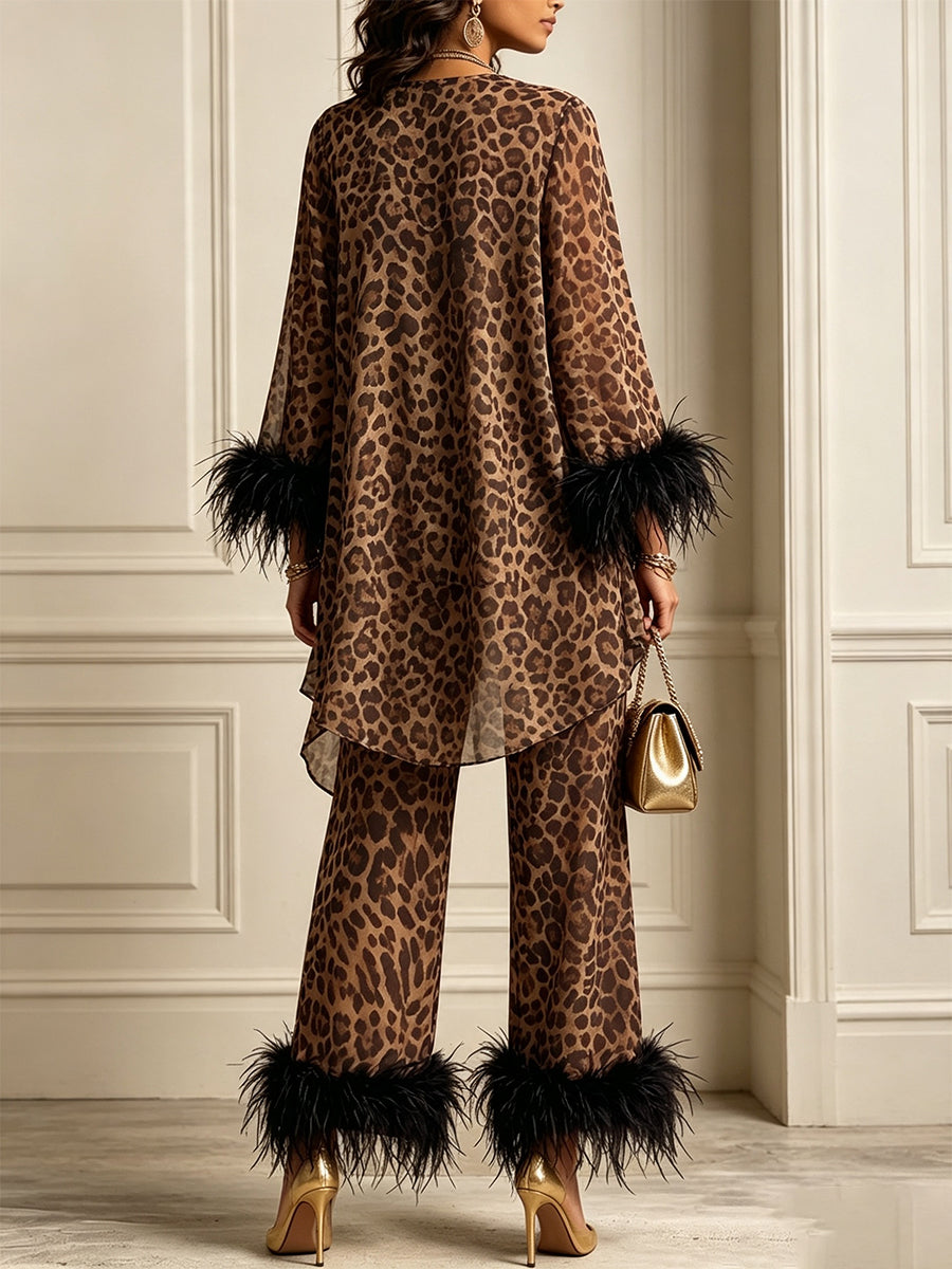 Chic Leopard Print Feather-Trimmed Two-Piece Set
