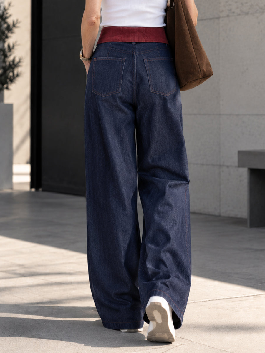 Casual Wide-leg Jeans With Color-block Waistband