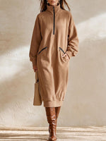 Women's Solid Color Stand-collar Long-sleeve Casual Loose Sweatshirt Dress