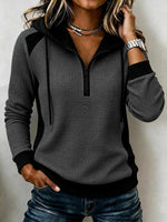 Women's Long-sleeve Casual Loose-fit Color-block Waffle Knit Hoodie With Collar