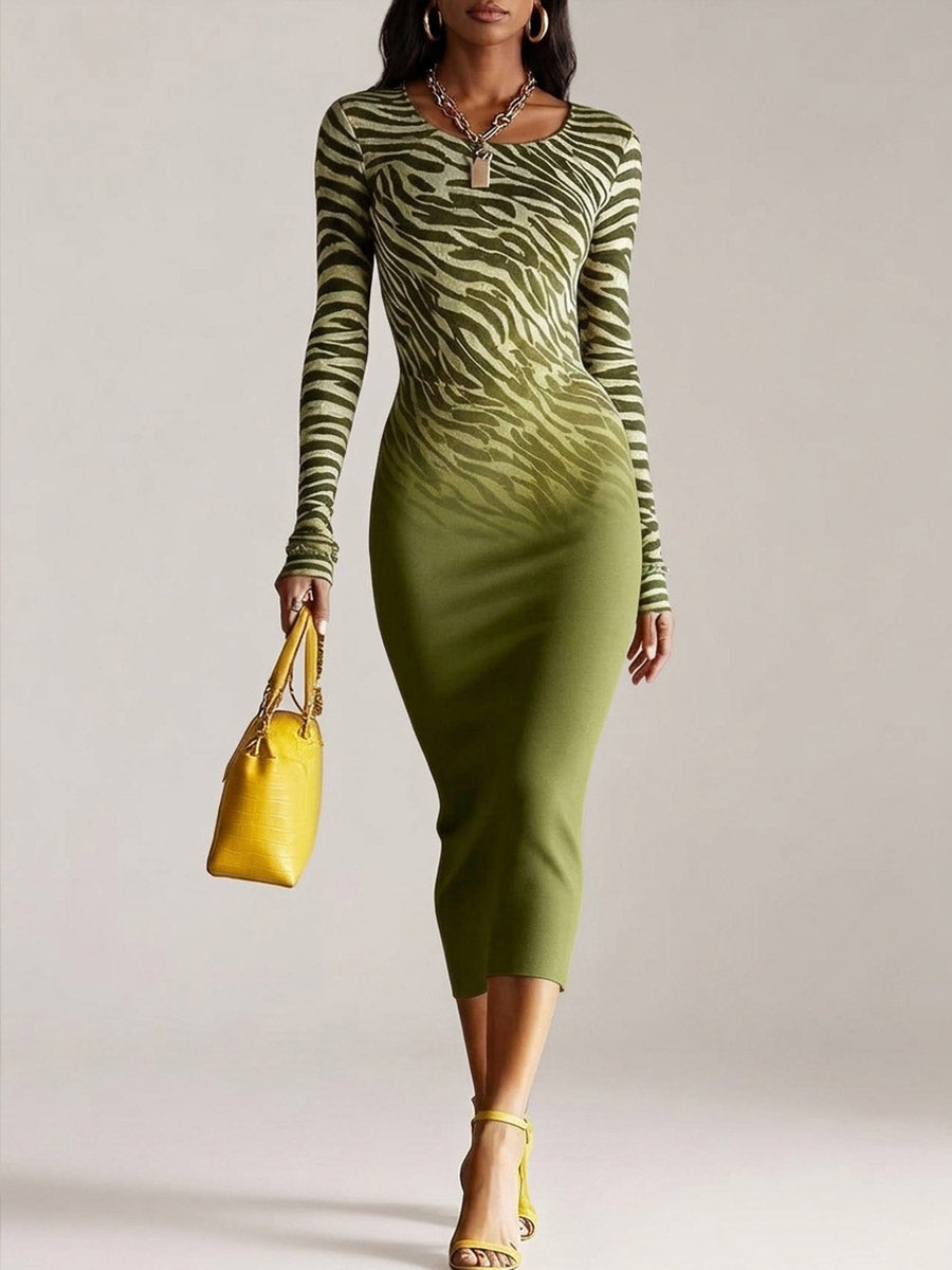 Women's Zebra-print Ombré Crew-neck Long-sleeve Bodycon Dress