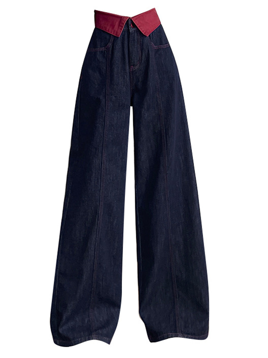 Casual Wide-leg Jeans With Color-block Waistband