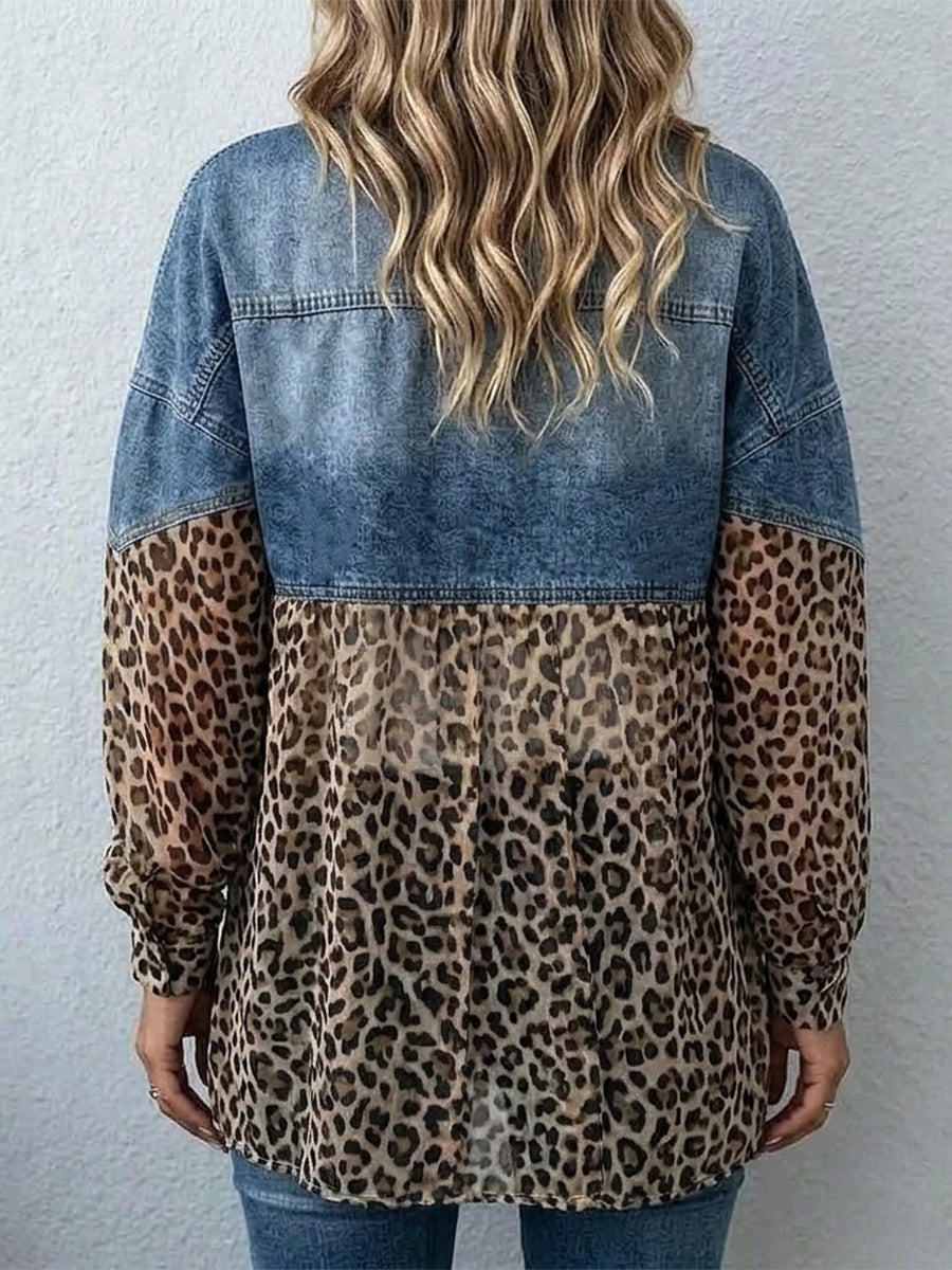 Denim Spliced Leopard Chiffon Lapel Long Sleeve Jacket