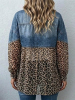 Denim Spliced Leopard Chiffon Lapel Long Sleeve Jacket