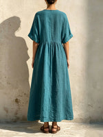 Round Neck Notch Placket Gathered Rolled Cuff Linen-cotton Swing Dress